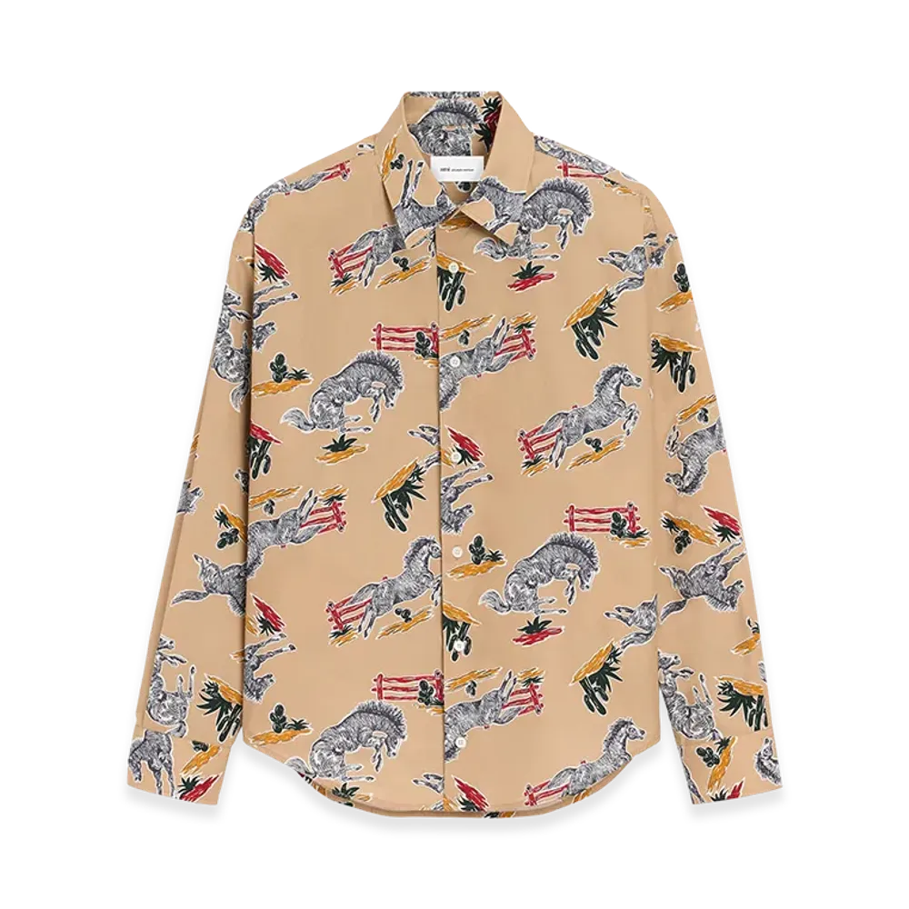 AMI PARIS Cotton Boxy Shirt With Horse Print "Brown"