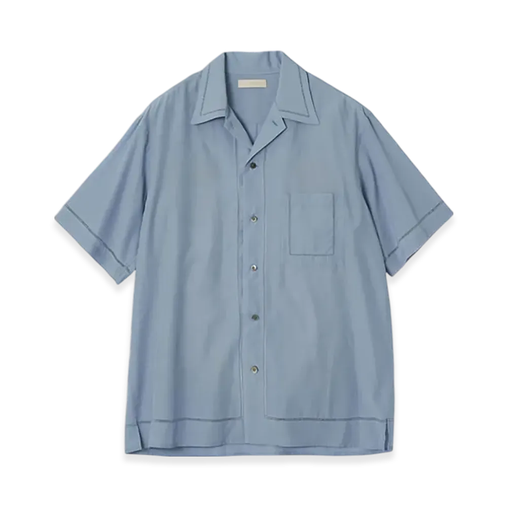 YOKE Cotton Acetate Poplin Embroidarey Open Collar Shirt "Saxe"