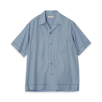 YOKE Cotton Acetate Poplin Embroidarey Open Collar Shirt "Saxe"
