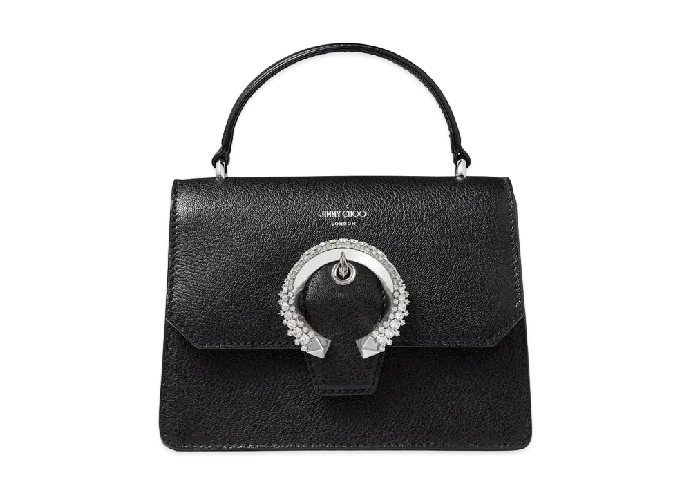 Jimmy Choo Madeline Satchel/S Goat Leather Satchel Bag With Crystal Buckle "Black"