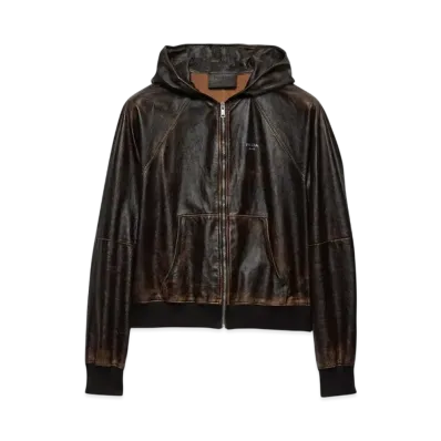 PRADA Men's Nappa Leather Hoodie Jacket "Dark Brown"