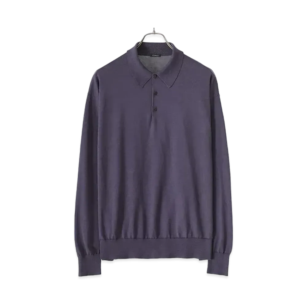 COMOLI 18G Long Sleeve Knit Polo "Fade Navy"