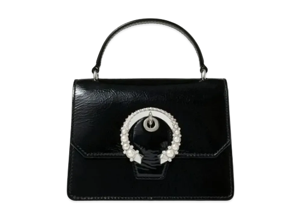 Jimmy Choo Madeline Satchel/S Patent Textured Leather Satchel With Pearl Buckle "Black"