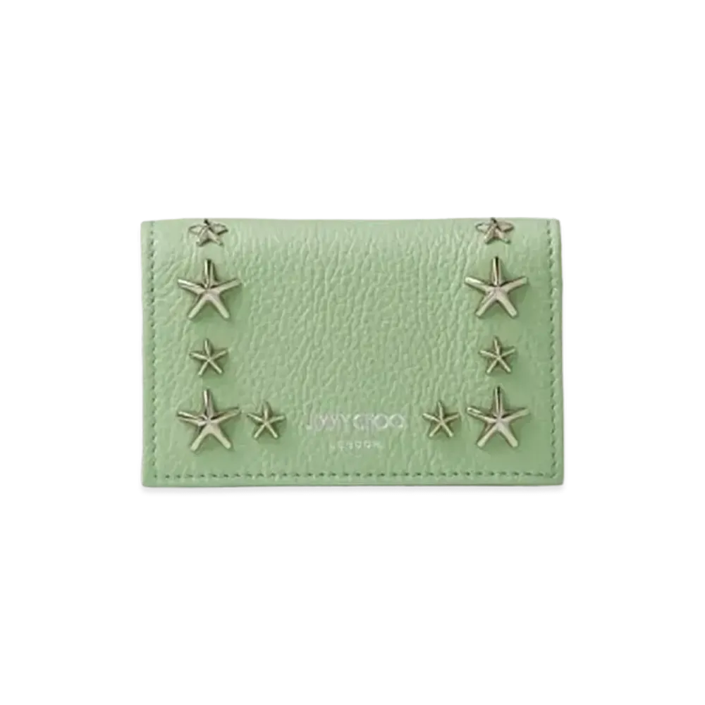 Jimmy Choo Nello Soft Grainy Calf Leather Card Case With Star Studs "Silver/Peppermint"