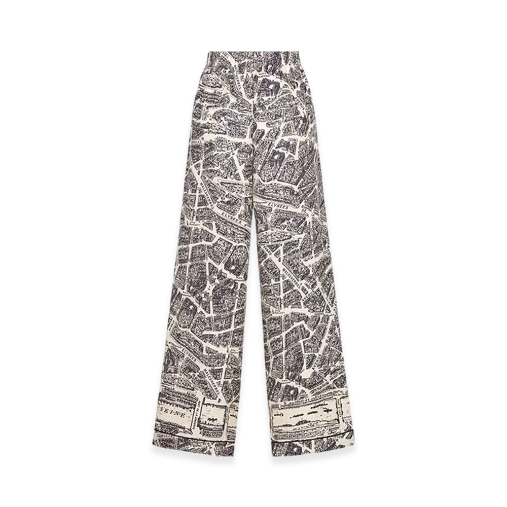 Dior Women's Pants Silk Twill Plan Paris Motif "White/Navy Blue"