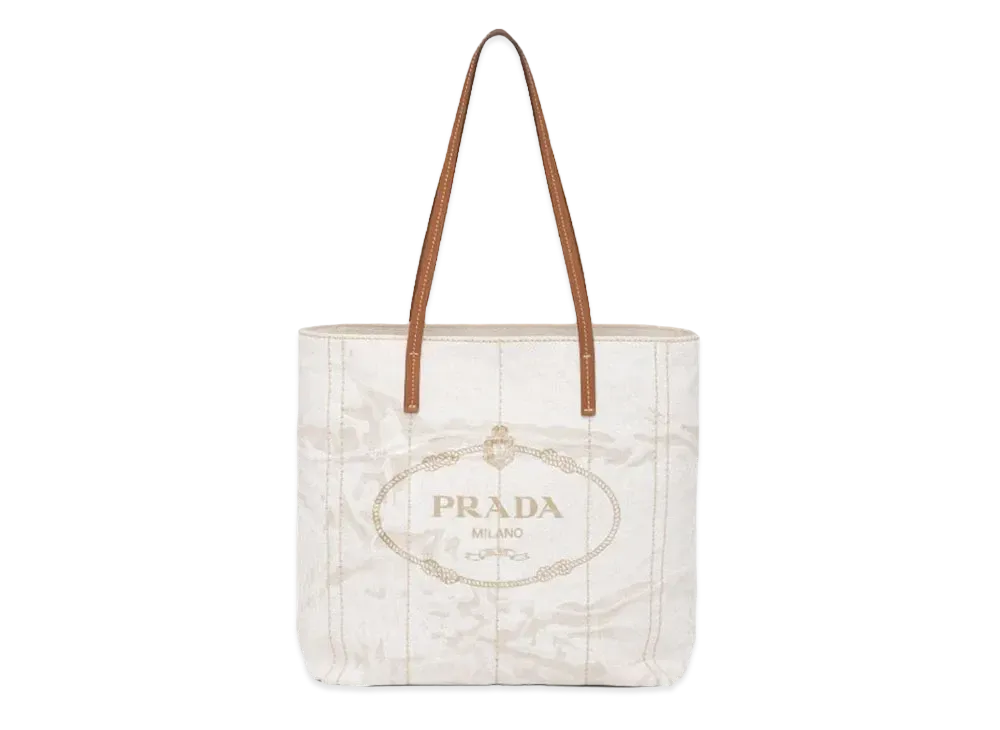 PRADA Small Linen Blend Leather Tote Bag "Beige/Cognac"