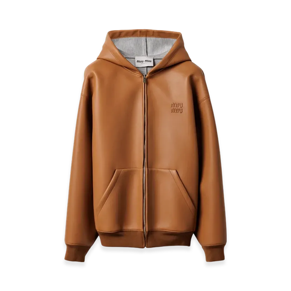 MIU MIU Women's Nappa Leather and Bonded Jersey Hoodie Jacket "Brandy"