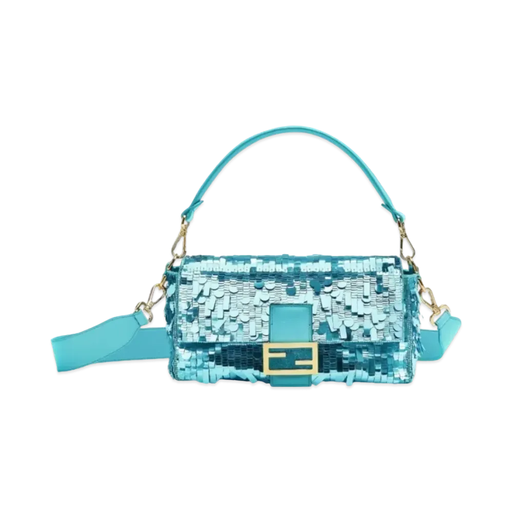 FENDI Baguette Sequin and Leather Bag "Turquoise"