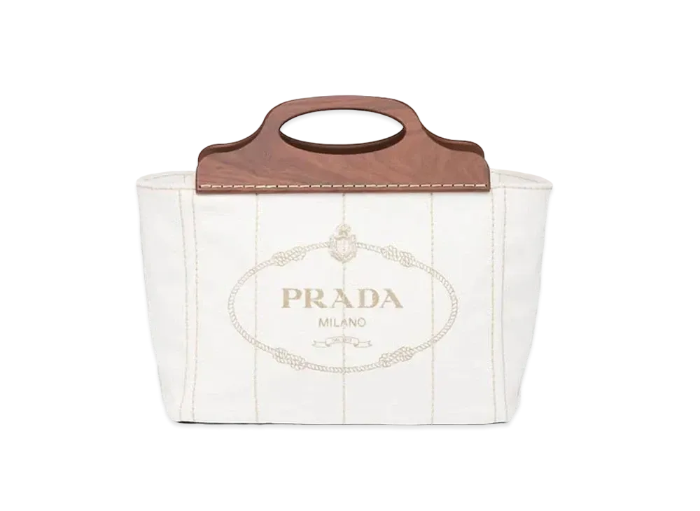 PRADA Small Tote In Canvas & Wood "White"