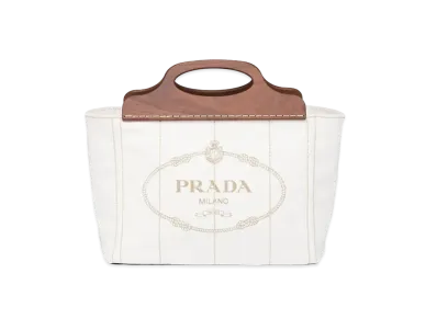 PRADA Small Tote In Canvas & Wood "White"