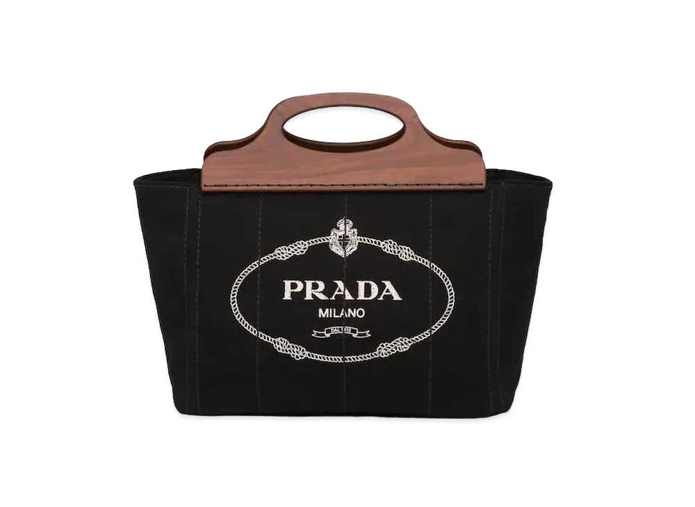 PRADA Small Tote In Canvas & Wood "Black"