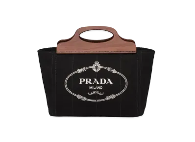 PRADA Small Tote In Canvas & Wood "Black"