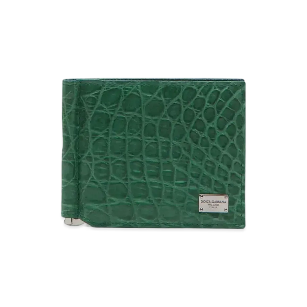 Dolce&Gabbana Bifold Wallet Crocodile Money Clip & Logo Plate "Green"