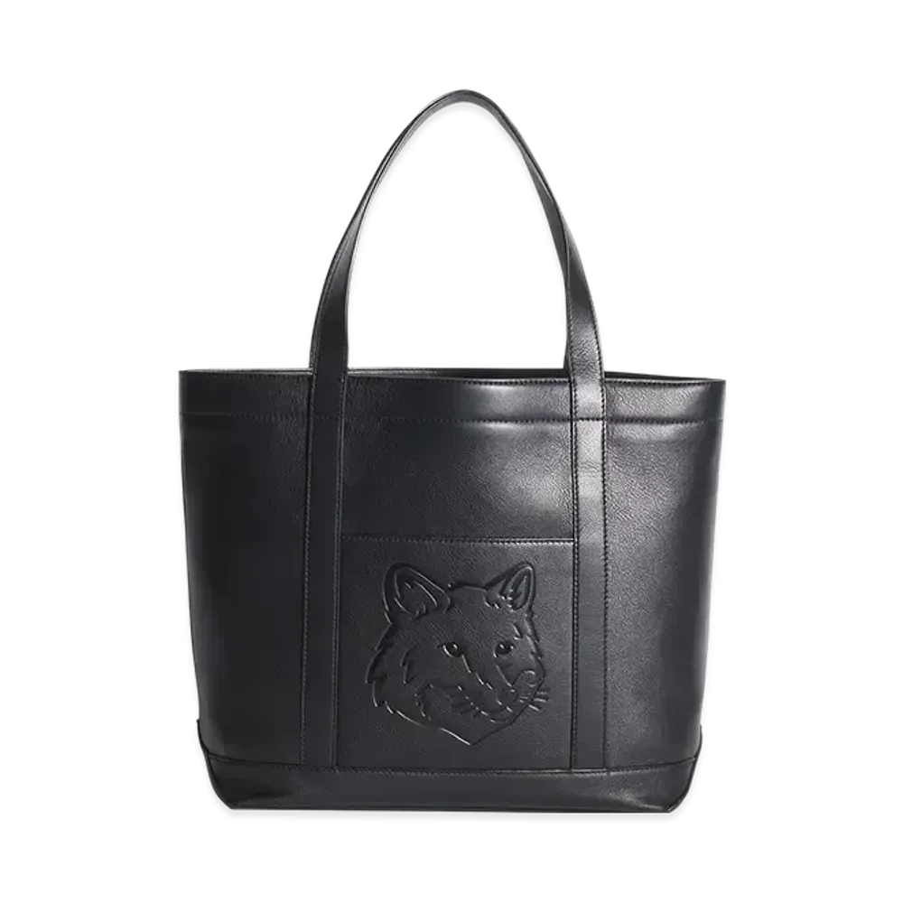 Maison Kitsune Fox Head Leather Medium Tote "Black"