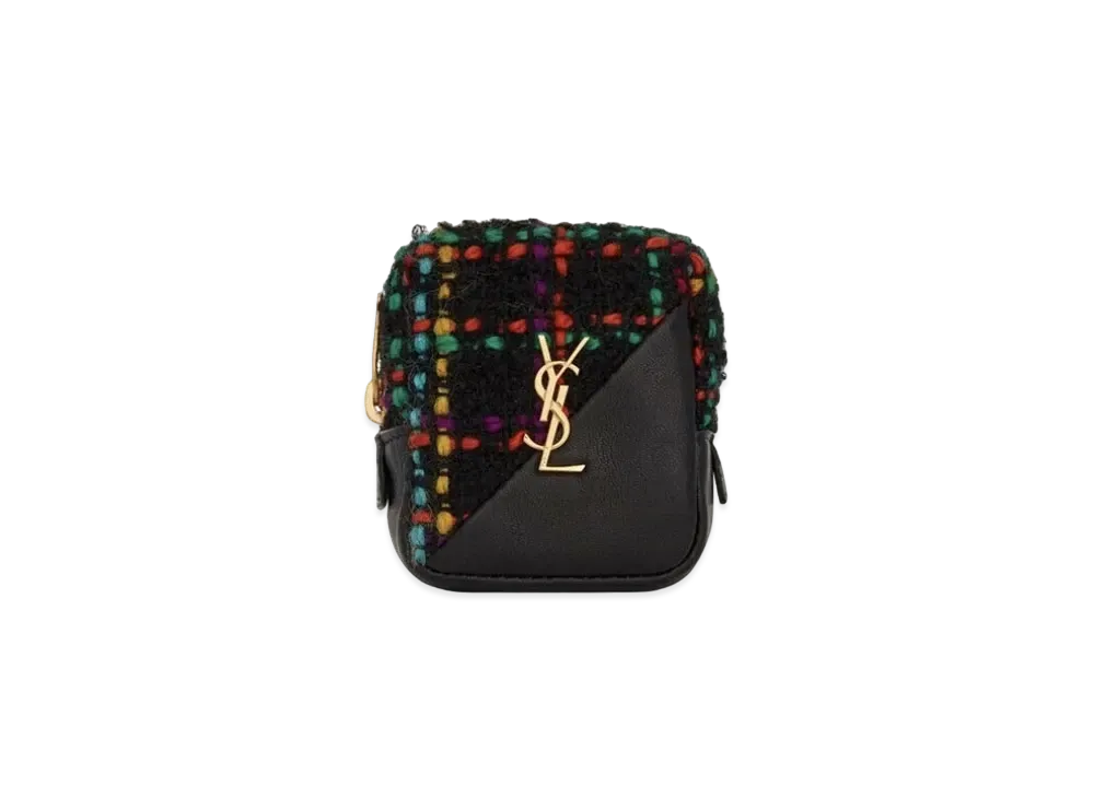SAINT LAURENT Jamie Cube Charm In Checked Tweed And Lambskin "Black"