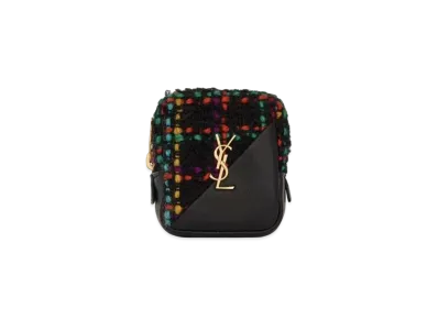SAINT LAURENT Jamie Cube Charm In Checked Tweed And Lambskin "Black"