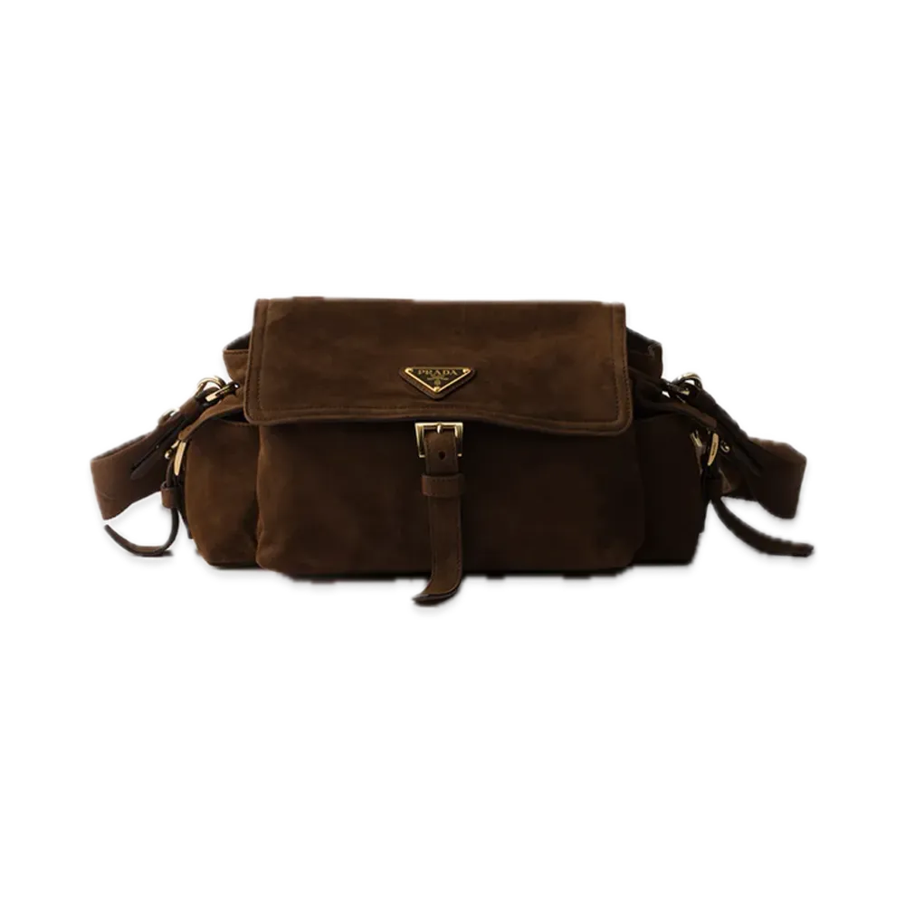 PRADA Explorer Medium Suede Shoulder Bag "Dark Brown"