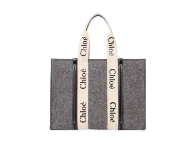 Chloe Large Woody Tote Bag In Recycled Felt & Shiny Calfskin With Woody Ribbon "Grey"