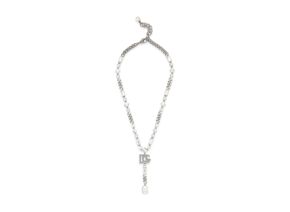 Dolce&Gabbana Link Necklace With DG Logo and Rhinestone-Detailed Pendant "Silver"