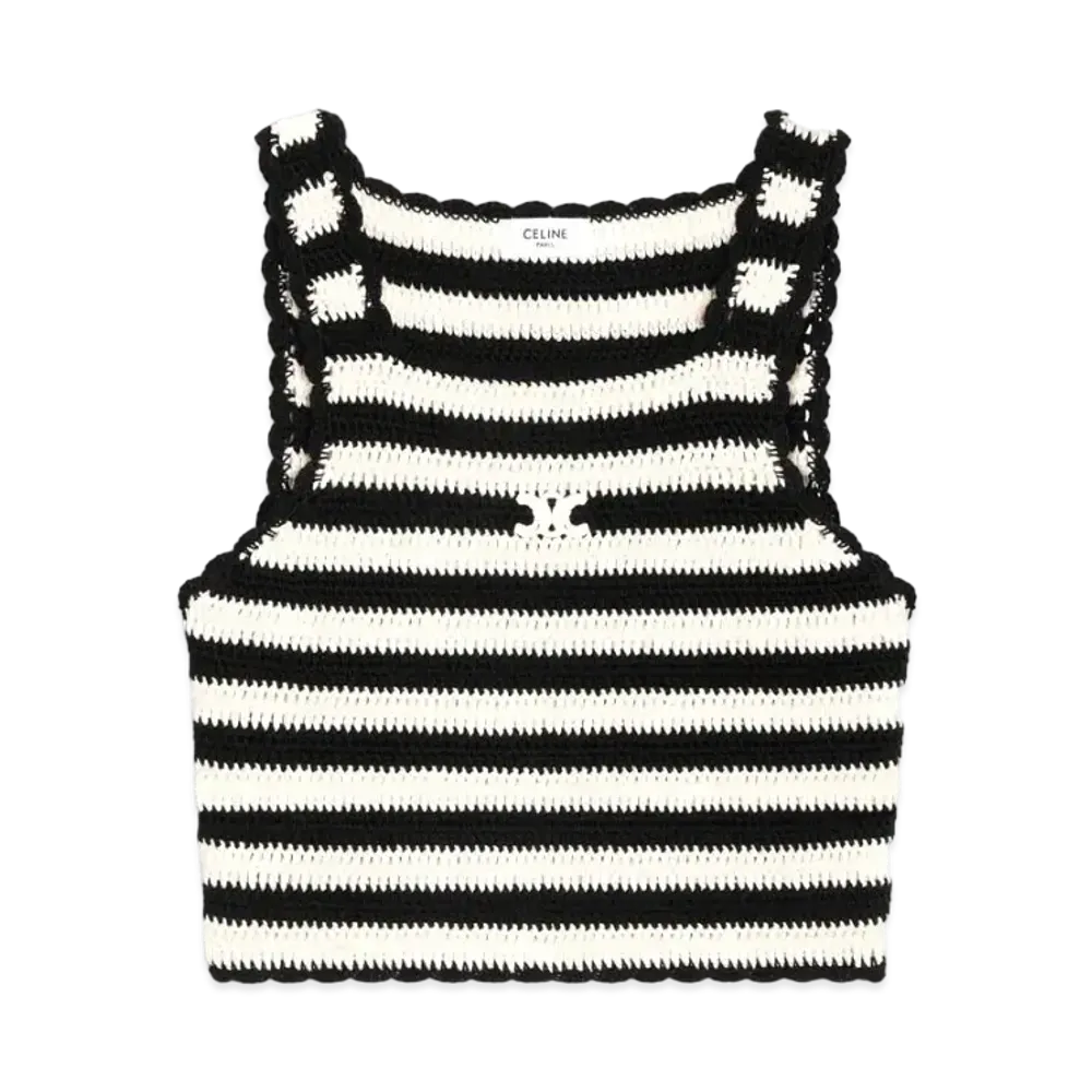 CELINE Triomphe Striped Crochet Crop Top in Cotton "Black/Ecru"