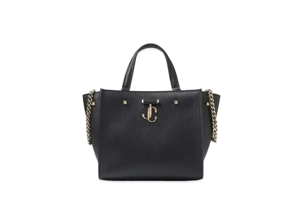 JIMMY CHOO VARENNE TOTE/S Light Gold JC Logo With Fine Shiny Curf Leather Tote Bag "Black"