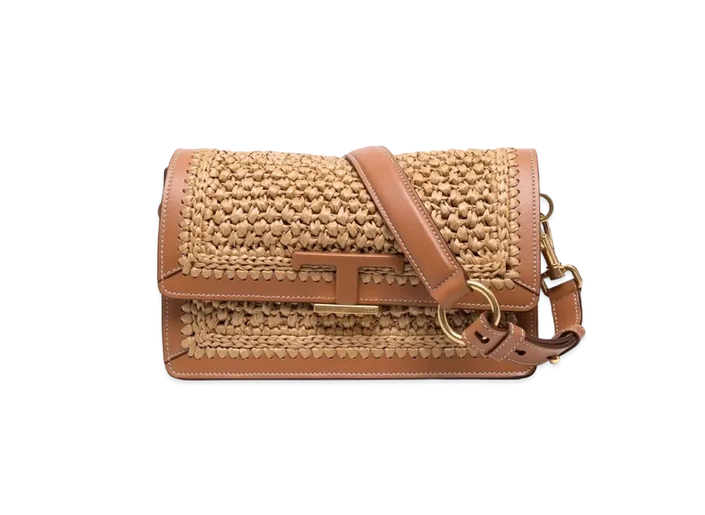 TOD'S Timeles Lafia & Leather Shoulder Bag Mini "Beige/Brown"