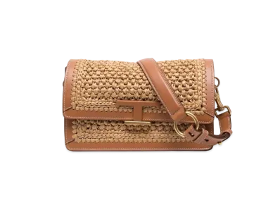 TOD'S Timeles Lafia & Leather Shoulder Bag Mini "Beige/Brown"