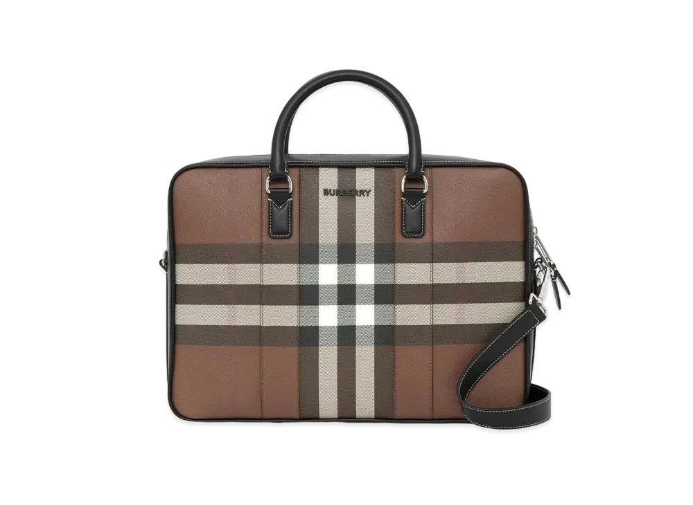 Burberry Check & Leather Briefcase "Dark Barch Brown"