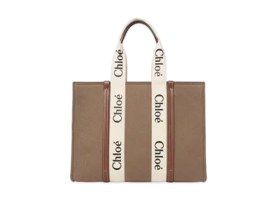 Chloe Large Woody Tote Bag In Recycled Felt & Shiny Calfskin With Woody Ribbon "Brown"