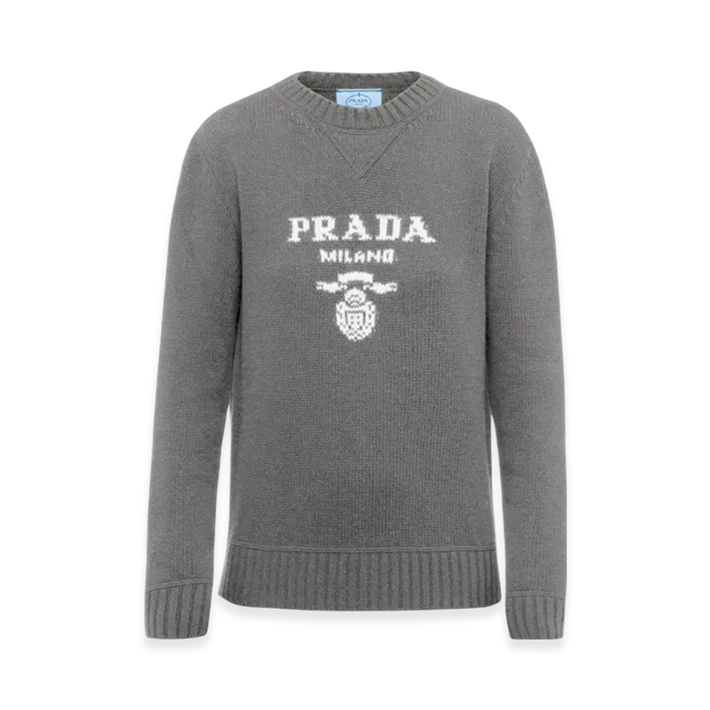 PRADA Women's Cashmere and Wool PRADA Logo Crewneck Sweater "Grey"