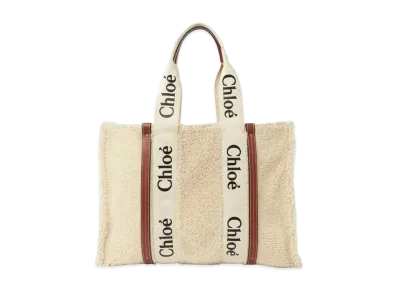 Chloe Large Woody Tote Bag In Shearling & Shiny Calfskin With Woody Ribbon "Beige"