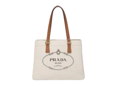 PRADA Linen Blend & Leather Tote Bag "Beige/Cognac"