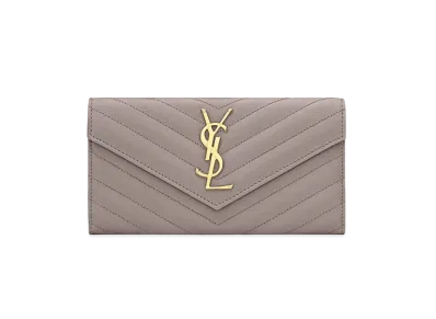 SAINT LAURENT Monogram Large Flap Wallet In Grain De Poudre Embossed Leather "Fog"