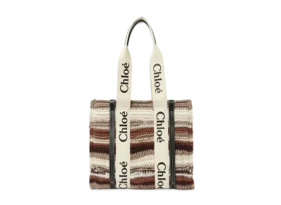 Chloe Medium Woody Tote Bag In Recycled Cashmere Knit & Shiny Calfskin With Woody Ribbon "Black"
