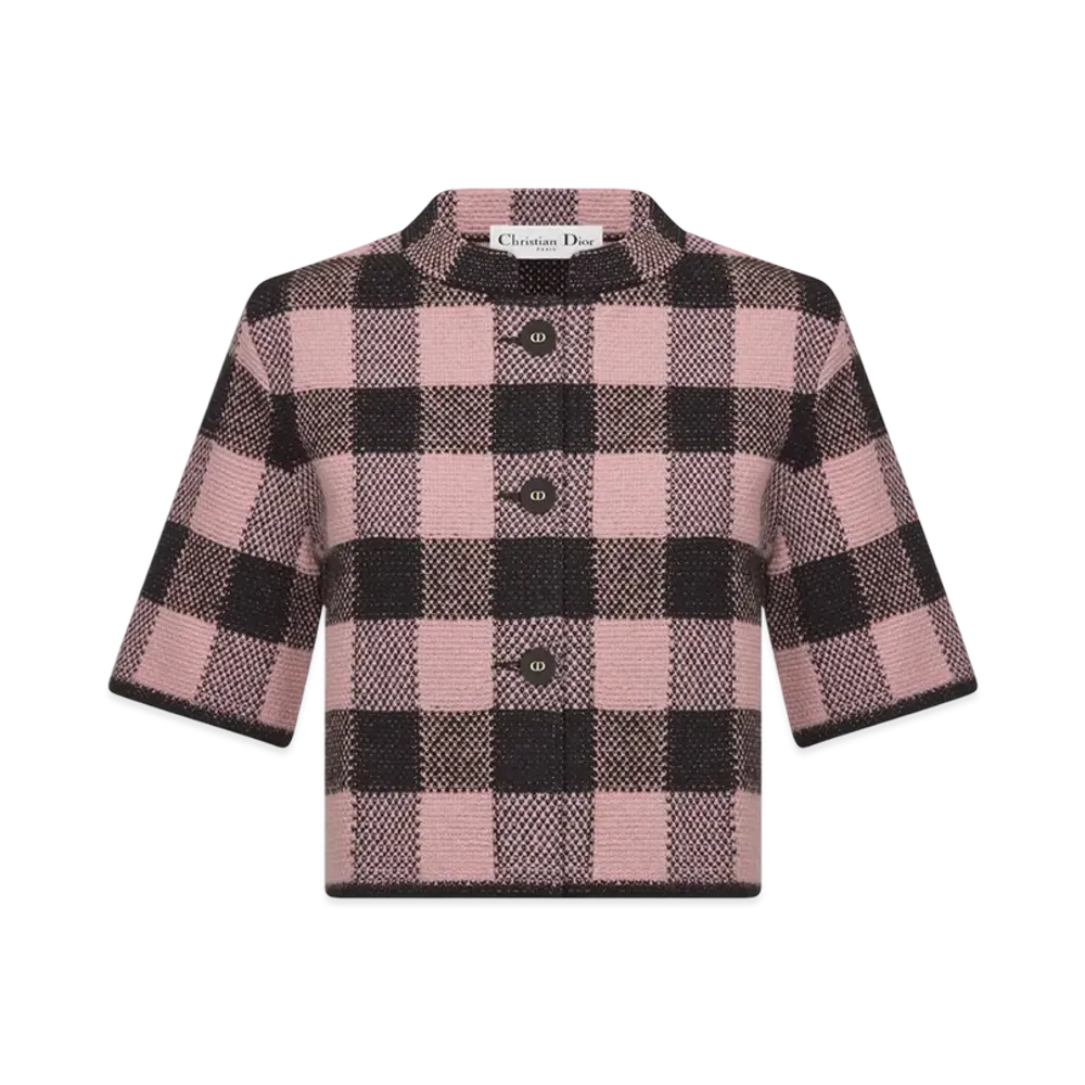 Dior Women's Cropped Jacket Check'n'Dior Wool Alpaca and Cotton Blend Knit "Pink/Black"