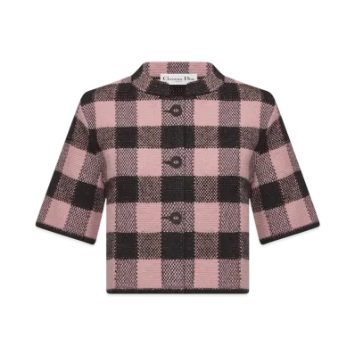 Dior Women's Cropped Jacket Check'n'Dior Wool Alpaca and Cotton Blend Knit "Pink/Black"