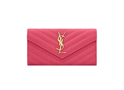 SAINT LAURENT Monogram Large Flap Wallet In Grain De Poudre Embossed Leather "Fuchsia"