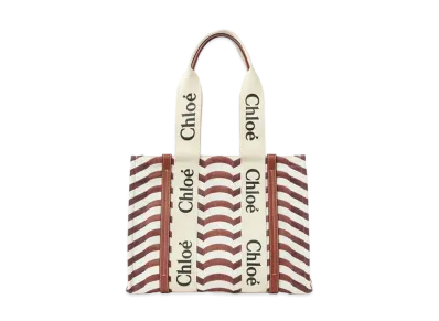 Chloe Medium Woody Tote Bag In Cotton Jacquard & Shiny Calfskin With Woody Ribbon "Brown"