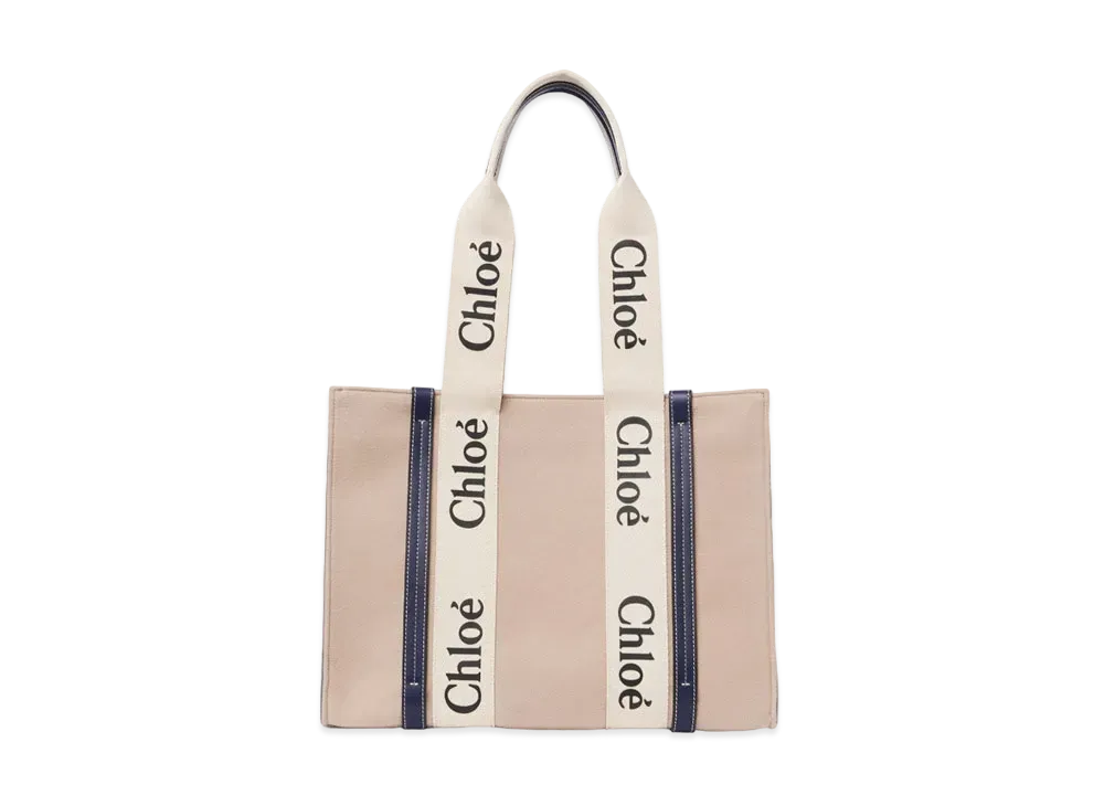 Chloe Medium Woody Tote Bag In a Deadstock Wool Cashmere Fabric & Shiny Calfskin With Woody Ribbon "Beige"