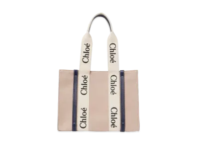 Chloe Medium Woody Tote Bag In a Deadstock Wool Cashmere Fabric & Shiny Calfskin With Woody Ribbon "Beige"