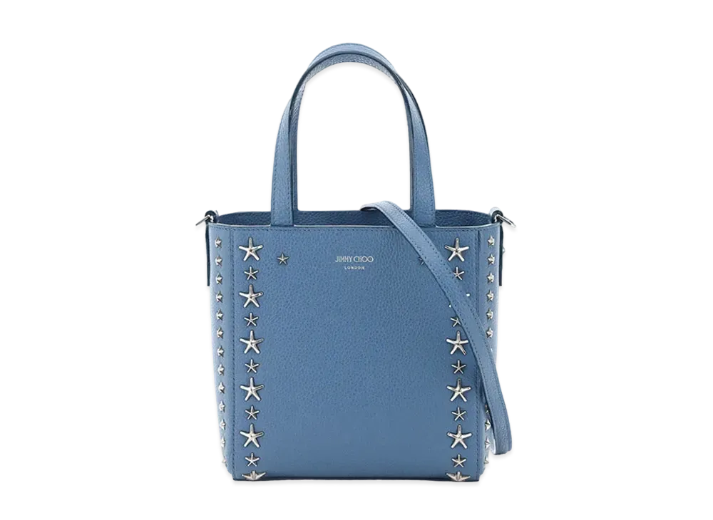 Jimmy Choo Mini Pegasi Soft Grainy Calf Leather Mini Tote Bag With Star Studs "Silver/Butterfly Blue"