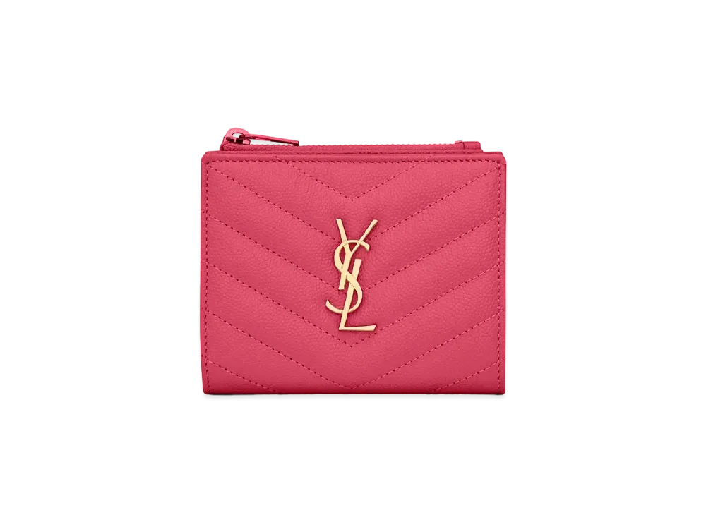 SAINT LAURENT Monogram Bi-Fold Wallet In Grain De Poudre Embossed Leather "Fuchsia"