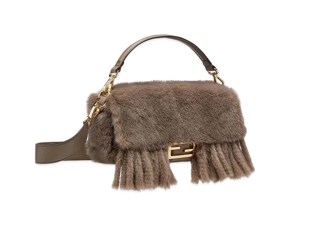 FENDI Baguette Mink Bag With Fringing "Gray"