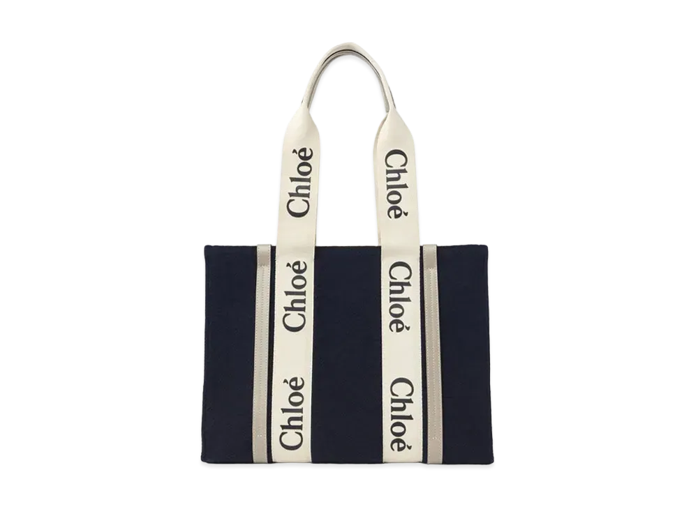 Chloe Medium Woody Tote Bag In a Deadstock Wool Cashmere Fabric & Shiny Calfskin With Woody Ribbon "Blue"