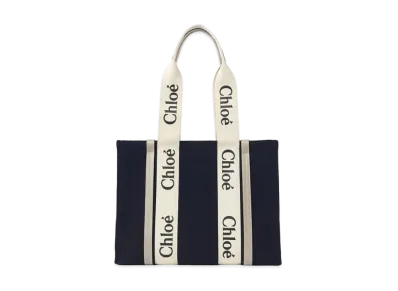 Chloe Medium Woody Tote Bag In a Deadstock Wool Cashmere Fabric & Shiny Calfskin With Woody Ribbon "Blue"