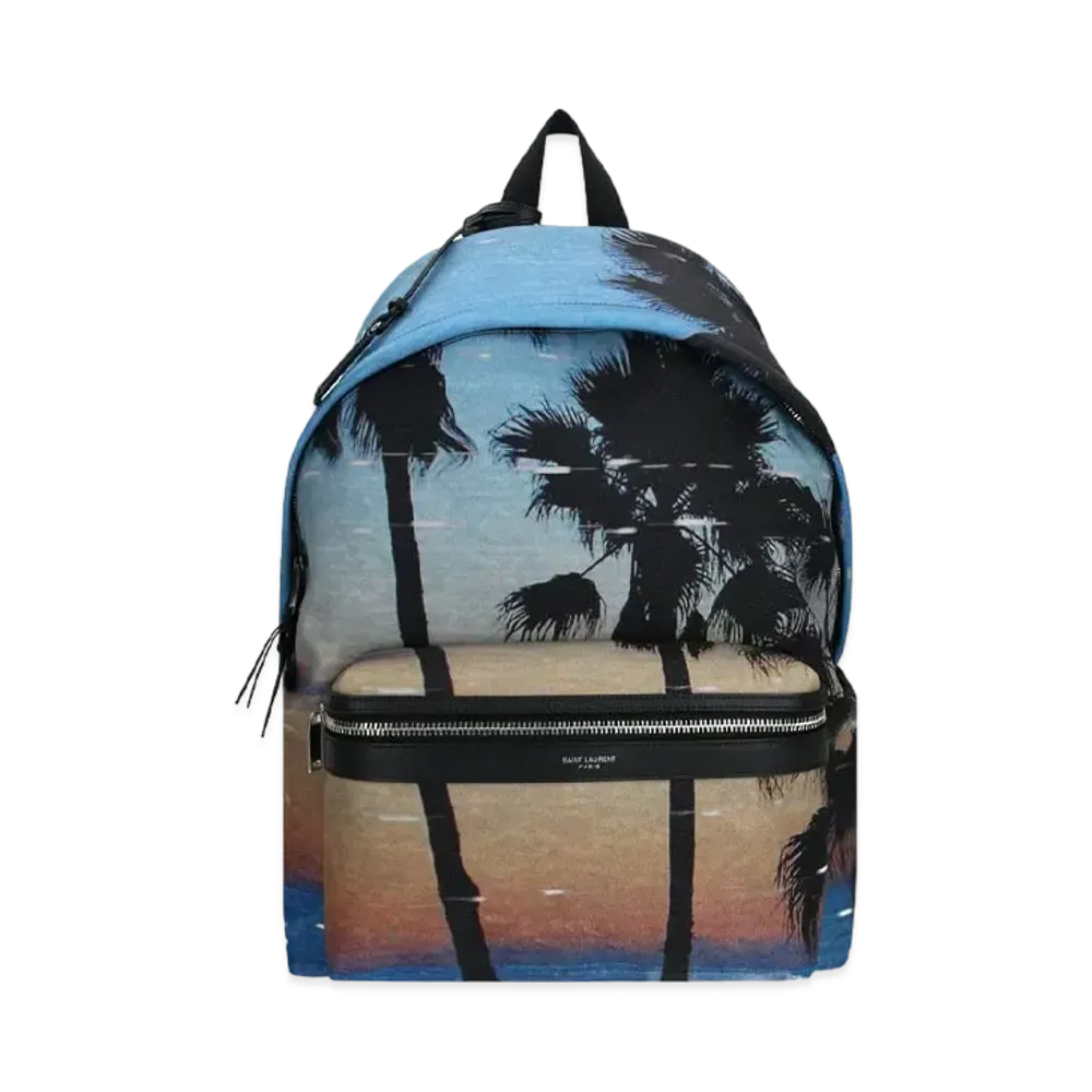 Saint Laurent City Backpack In Econyl, Smooth Leather And Nylon "Azur/Orange Et Noir"