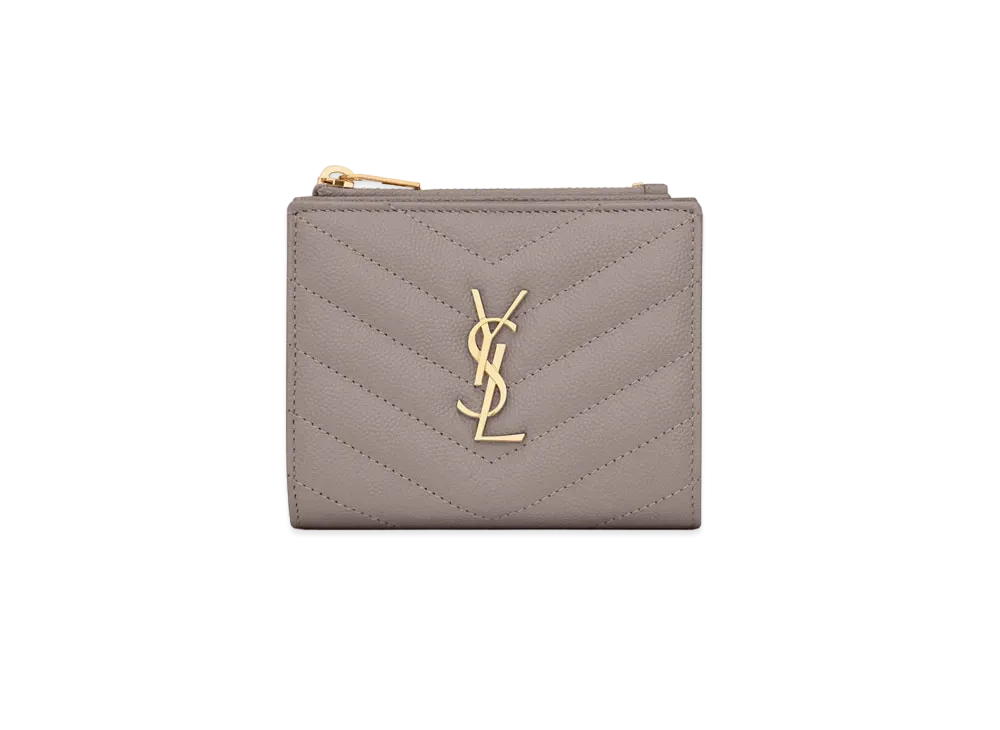 SAINT LAURENT Monogram Bi-Fold Wallet In Grain De Poudre Embossed Leather "Fog"