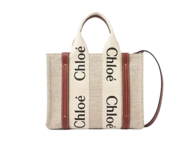 Chloe Small Woody Tote Bag With Strap In Cotton Canvas & Shiny Calfskin With Woody Ribbon "Brown"