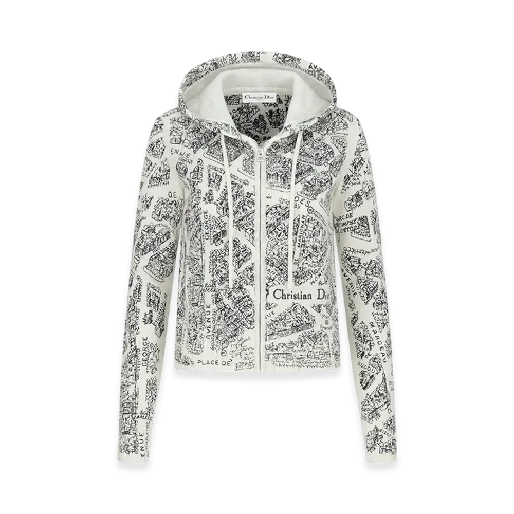 Dior Women's Embroidered Hooded Cardigan Cashmere Knit Plan Paris Motif "White/Black"