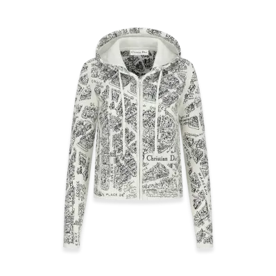 Dior Women's Embroidered Hooded Cardigan Cashmere Knit Plan Paris Motif "White/Black"